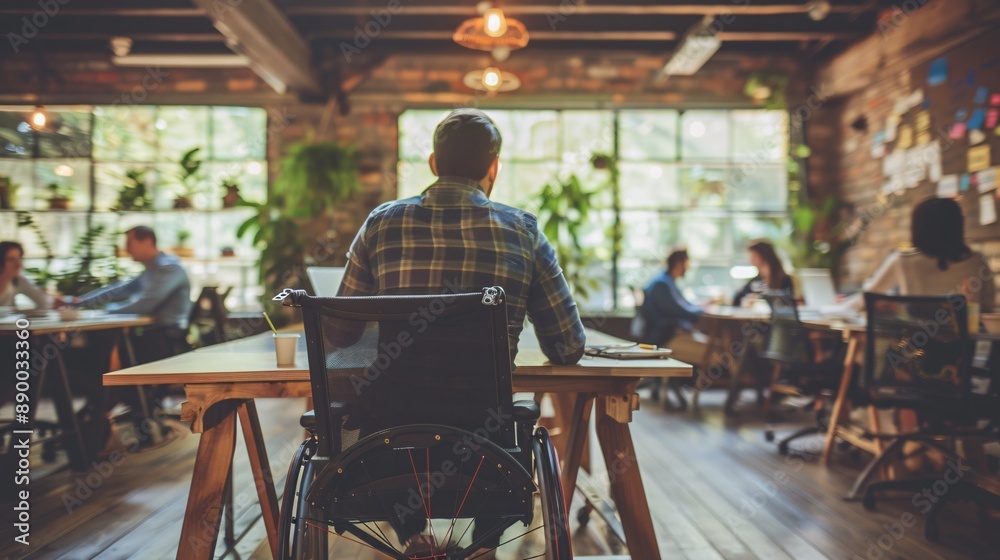 An inclusive workspace featuring an employee with a mobility aid ...