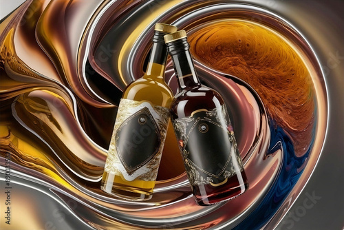 This Is a 3D Image of Two Bottles of Liquor, One Brown and One Yellow, in a Spiraling Motion. photo