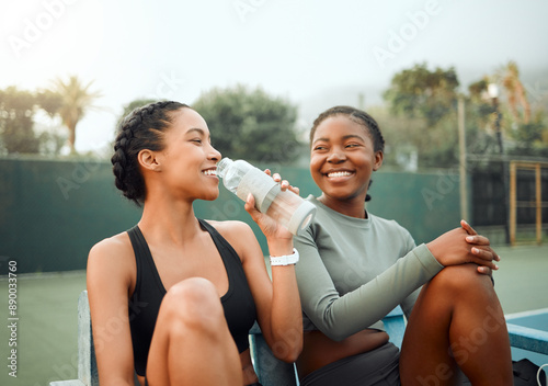 Women, outdoor and friends with fitness, relax and workout with happiness, motivation and smile. People, outside and girls with conversation, discussion and calm with peace, time together and bottle