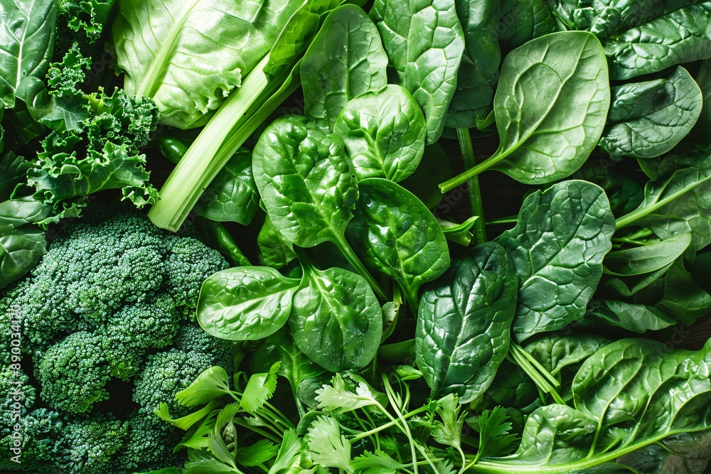 A close-up view of fresh green leafy vegetables, including spinach, kale, and broccoli A close-up view of fresh green leafy vegetables, including spinach, kale, and broccoli