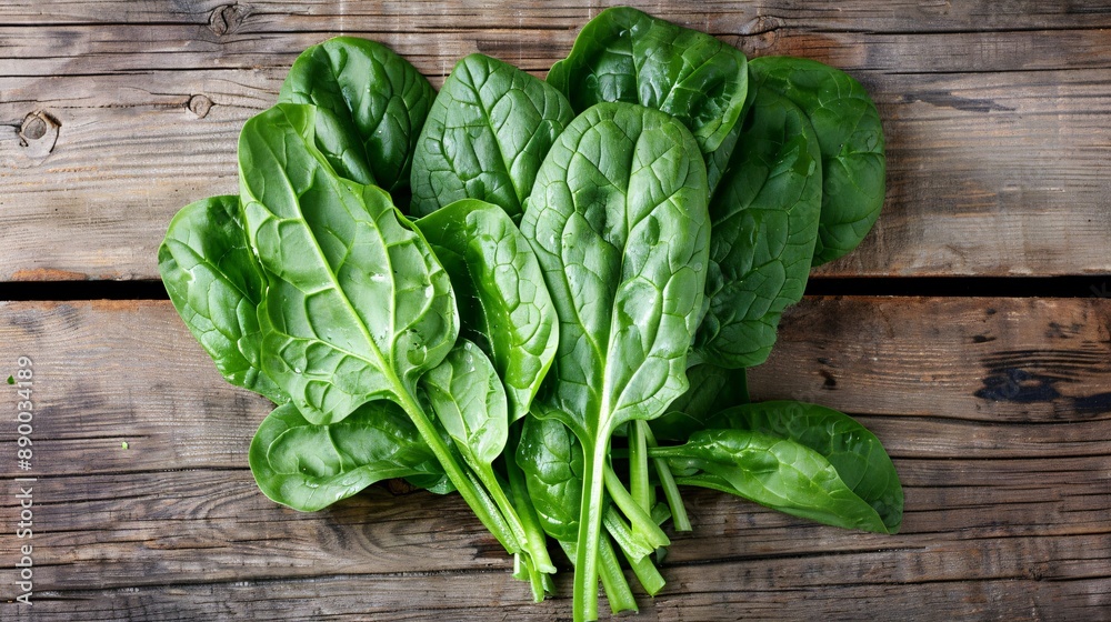 A bunch of fresh spinach leaves, arranged on a wooden surface A bunch of fresh spinach leaves, arranged on a wooden surface