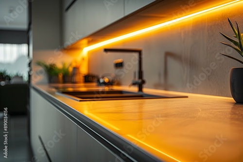 Warm Glow of LED Strip Lighting Enhances Modern Kitchen Counter and Decor photo