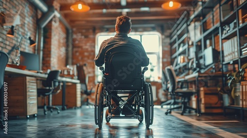 An office worker with a mobility scooter navigating through an accessible workspace equipped with wide aisles and ramps Stock Photo with copy space © anantachat