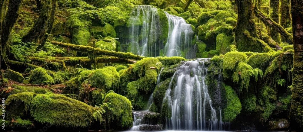 Naklejka premium Serene Waterfall Cascading Through Lush Greenery