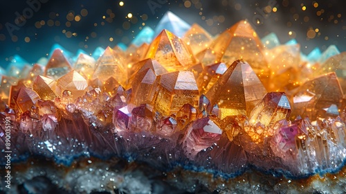 A cluster of colorful crystals shining brightly in the light.