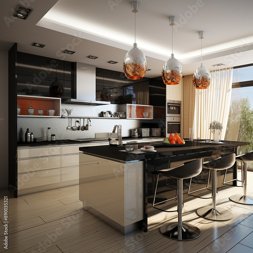 modern kitchen interiors featuring sleek designs, contemporary furniture, stylish cabinetry, and advanced appliances, showcasing a variety of colors and materials to create a functional and aesthetica photo