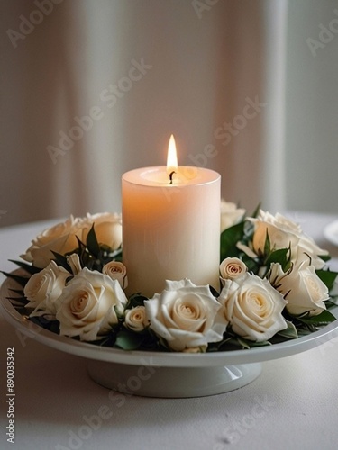 A wedding design that creates an atmosphere of happiness and warmth using candles and a palette of white, beige, cream colors and decorated with roses. AI generation.