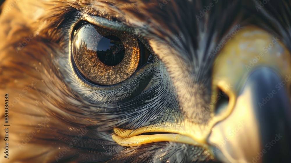 Close-Up of a Majestic Eagle's Eye with Detailed Feathers and Intense Gaze in Natural Light Close-Up of a Majestic Eagle's Eye with Detailed Feathers and Intense Gaze in Natural Light