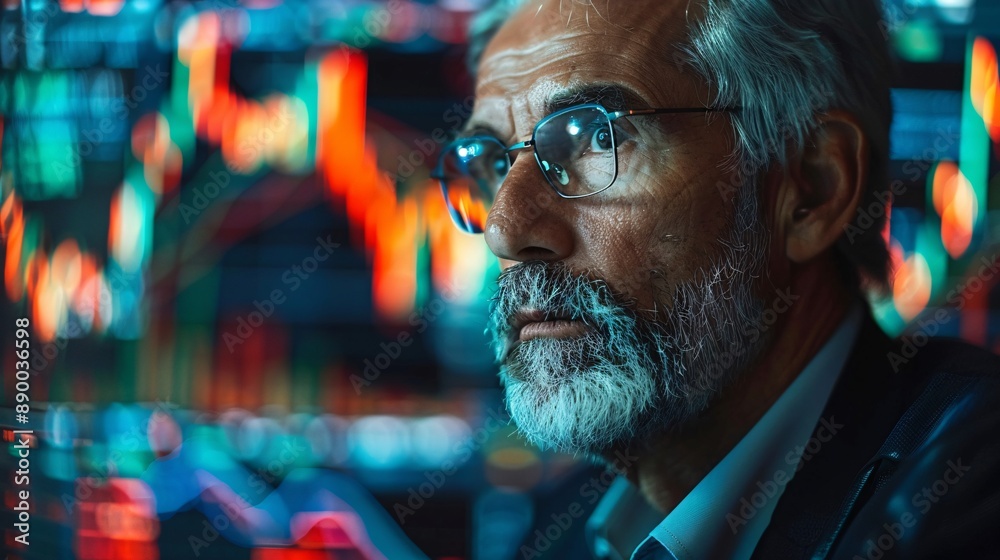 Fototapeta premium A business owner with a visual impairment using adaptive technology to analyze market trends on a computer Stock Photo with copy space