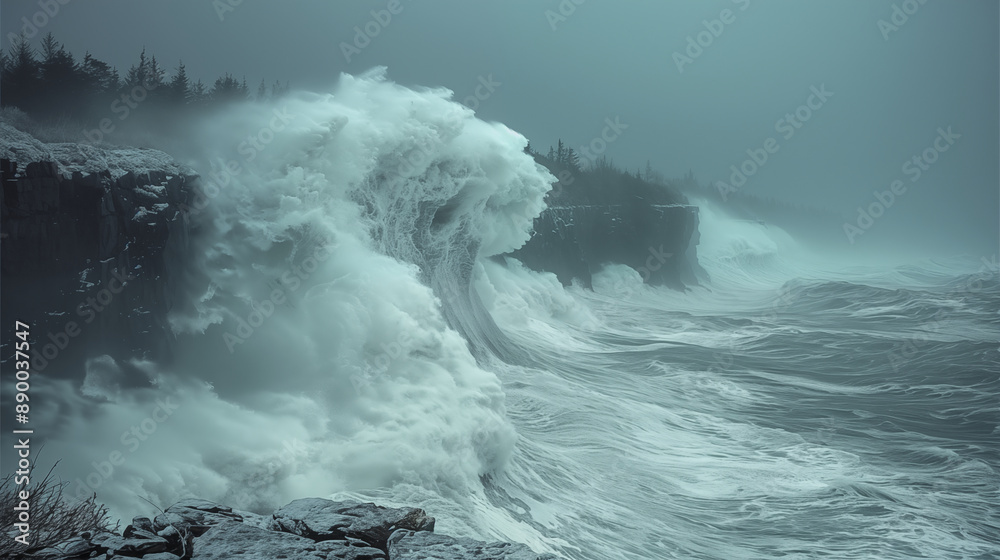 Obraz premium Massive wave crashes against rocky coast with pine trees, creating dramatic seascape in stormy weather. Concept of nature's power, coastal erosion, and climate change.