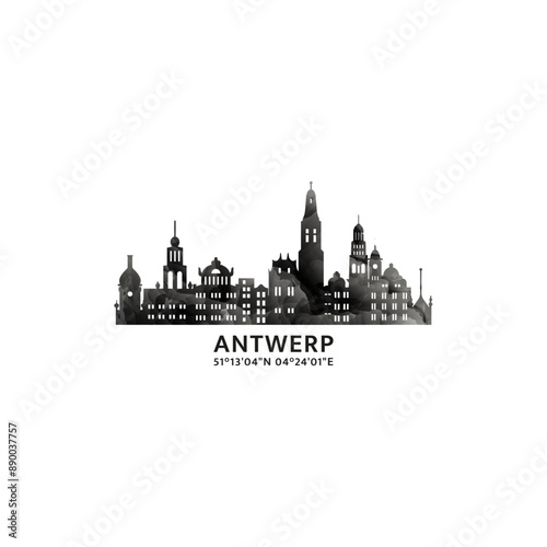 Antwerp panorama, vector badge, skyline logo and icon. Belgium city horizon logotype with landmarks and building silhouettes. Isolated foggy abstract gradient graphic