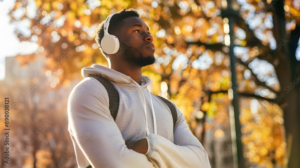 Fototapeta premium Man athlete listening to music and working out outdoors.