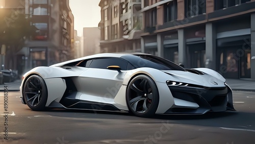  a sleek, white sports car parked on a city street. It has large wheels and a low profile.