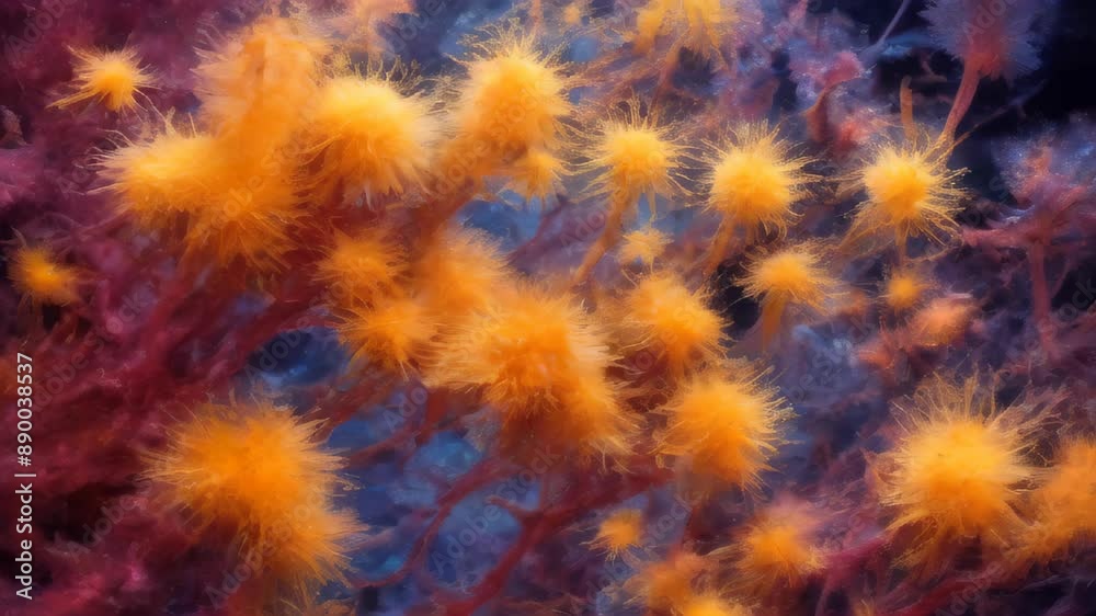 Microscope of mucous mold exploding in natural habitat, transparent filaments, shimmering spores. Microbiology laboratory concepts. Generative AI content Microscope of mucous mold exploding in natural habitat, transparent filaments, shimmering spores. Microbiology laboratory concepts. Generative AI content