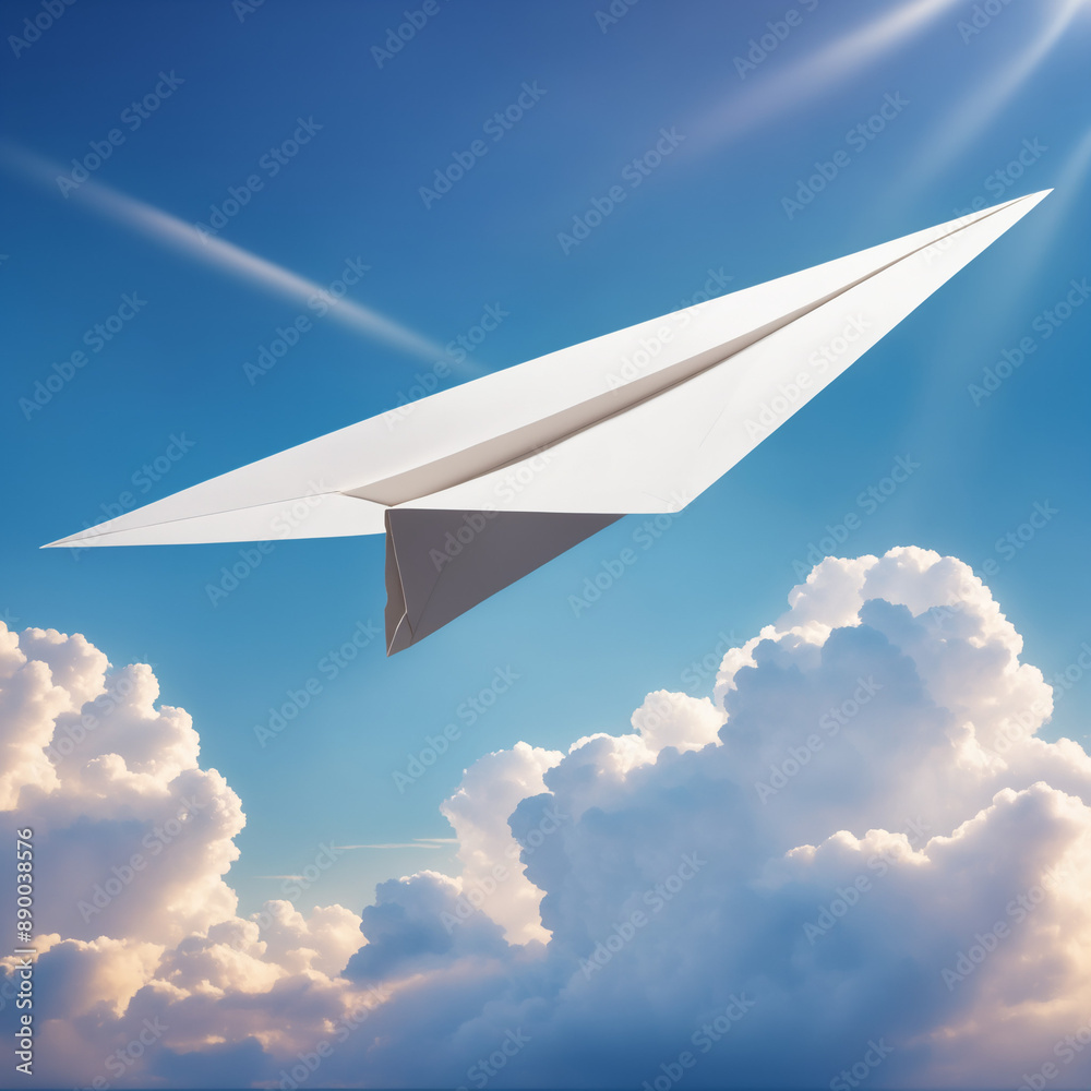 Fototapeta premium Paper Airplane Flying Through Clouds.