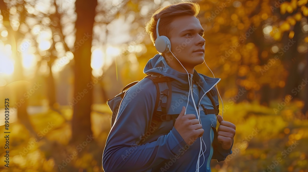 Fototapeta premium Man athlete listening to music and working out outdoors. 