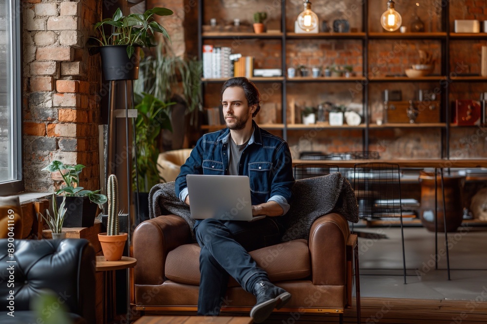 thoughtful businessman looking away while sitting with laptop on comfortable seat at flexible workplace. thoughtful businessman looking away while sitting with laptop on comfortable seat at flexible workplace.