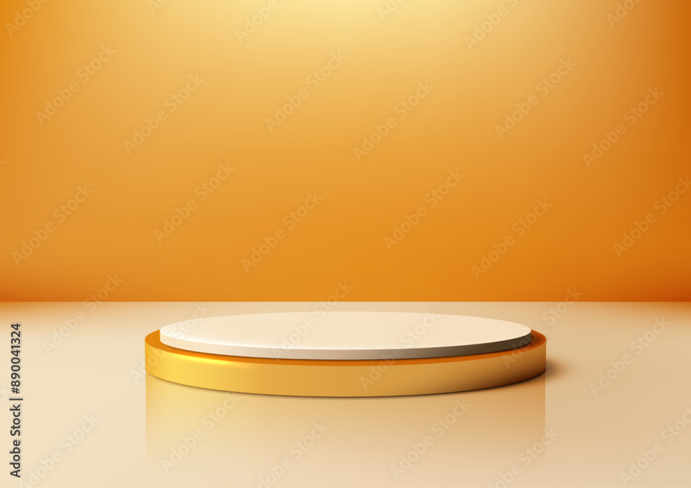 3D Golden and White Podium: Circular Platform on White Floor with Orange Background for Product Display 3D Golden and White Podium: Circular Platform on White Floor with Orange Background for Product Display