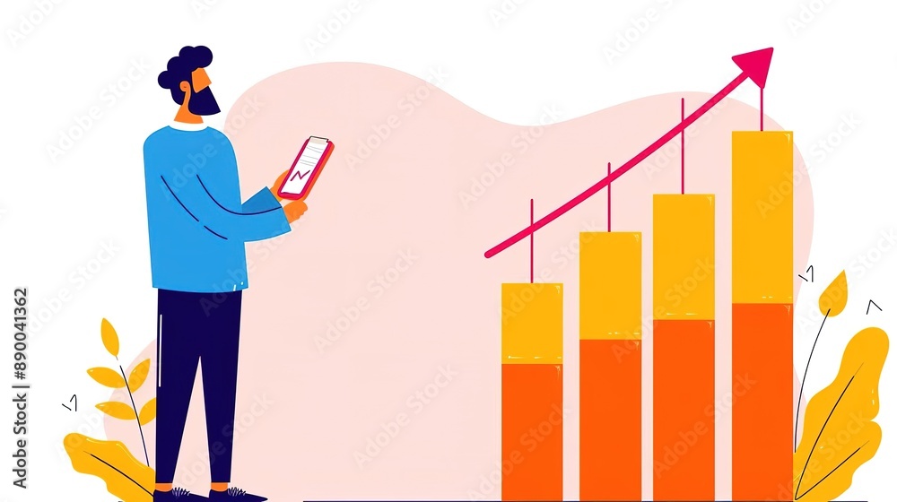 Man looking at rising bar graph, symbolizing growth and success. Man looking at rising bar graph, symbolizing growth and success.
