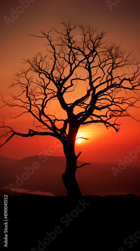 Sunrise Through Silhouette of Leafless Tree