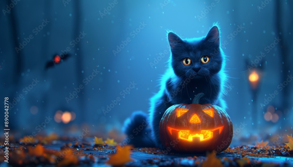 Black Cat with Jack-O-Lantern in a Spooky Forest Black Cat with Jack-O-Lantern in a Spooky Forest