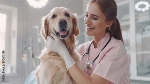 The veterinarian with happy dog photo