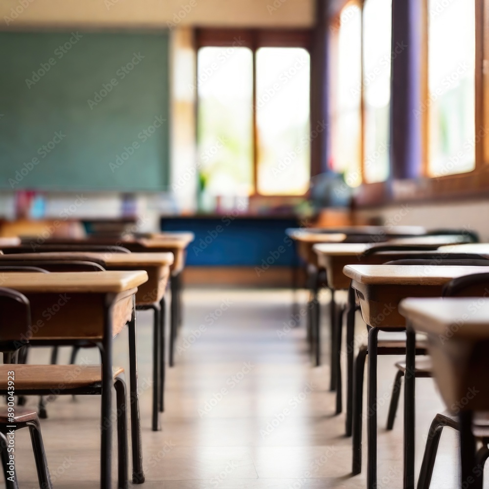 Empty Classroom with Desks and Chairs