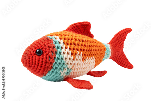 A Hand-Knit Orange and Blue Fish Toy Isolated Against a White Background on a Clear PNG or White Background. photo