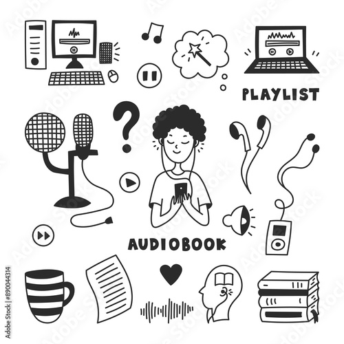 Audiobook doodle Set. Hand drawn podcast sound audio equipment elements. Microphone earphones buttons line symbols and icons. Vector illustration 