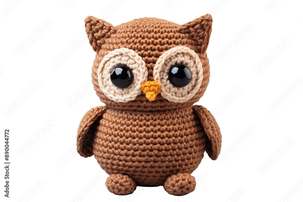 A Hand-Crocheted Brown Owl With Big Eyes and a Cheerful Beak on a Clear PNG or White Background. A Hand-Crocheted Brown Owl With Big Eyes and a Cheerful Beak on a Clear PNG or White Background.