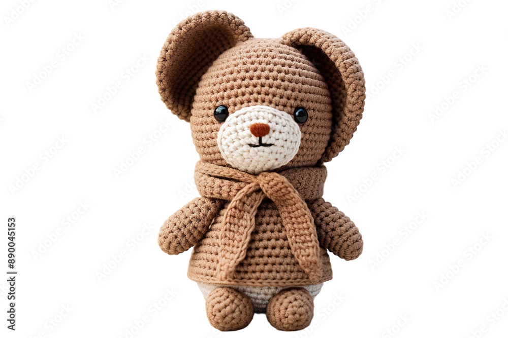 A Hand-Crocheted Brown Bear Wearing a Scarf, Ready for Winter Fun on a Clear PNG or White Background. A Hand-Crocheted Brown Bear Wearing a Scarf, Ready for Winter Fun on a Clear PNG or White Background.