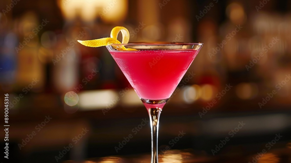 A bright pink cosmopolitan with a twist of lemon peel, served in a chilled martini glass A bright pink cosmopolitan with a twist of lemon peel, served in a chilled martini glass