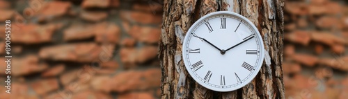 Wallpaper Mural White analog clock with Roman numerals mounted on tree trunk, blurred brick wall background, depicting time and nature juxtaposition. Torontodigital.ca