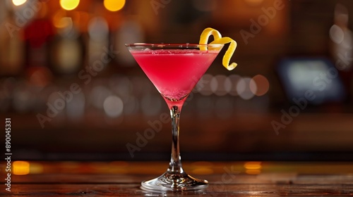 A bright pink cosmopolitan with a twist of lemon peel, served in a chilled martini glass