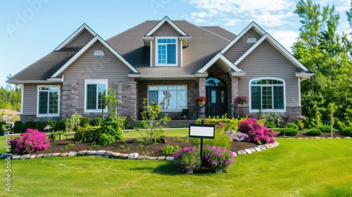 A beautiful suburban home with a 'For Sale' sign in the front yard, surrounded by a well-manicured lawn and vibrant flowers.