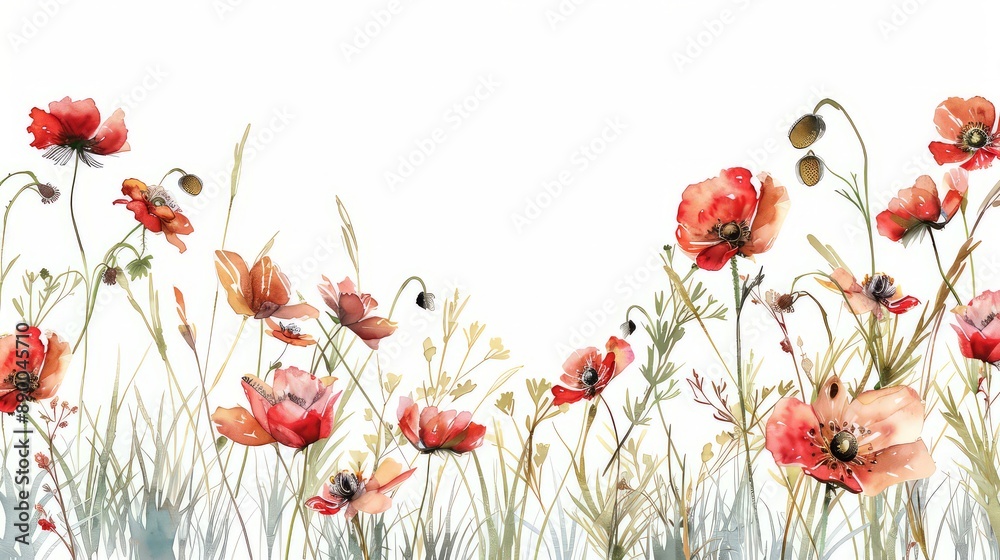 Fototapeta premium Watercolor tall grass and red poppys on a white background