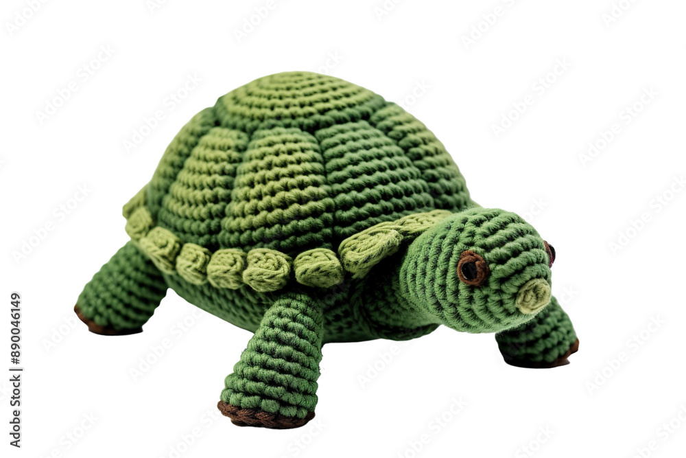 Fototapeta premium A Hand-Knitted Green Turtle Poses For A Close-Up on a Clear PNG or White Background.