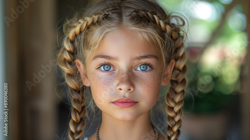 Cute young girl with blue eyes and front to side hair braids style.