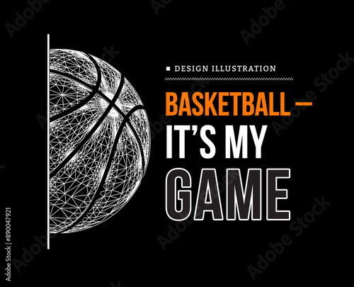 Basketball game with ball on black background. Vector 3d illustration