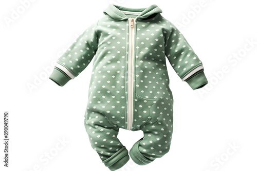 A Tiny, Green, Floral Onesie, Zipped Up and Ready for the Day on a Clear PNG or White Background.