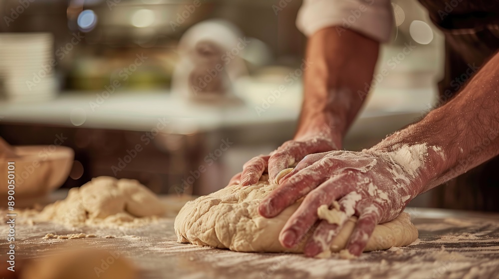 Baker's hands kneading dough, capturing texture and movement, showcasing baking skill and precision. Baker's hands kneading dough, capturing texture and movement, showcasing baking skill and precision.