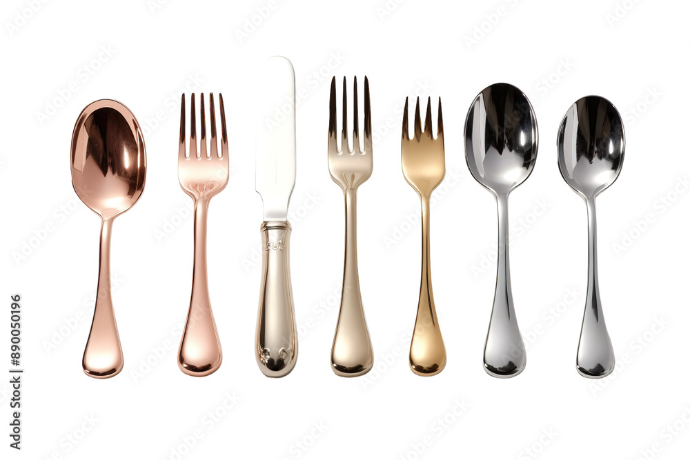 A Symphony of Silver, Gold, and Copper: A Metallic Table Setting on a Clear PNG or White Background. A Symphony of Silver, Gold, and Copper: A Metallic Table Setting on a Clear PNG or White Background.