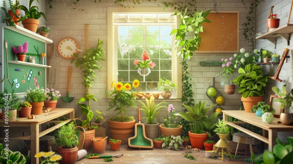 Naklejka premium Create a background featuring a garden-like classroom with plants, flowers, and educational gardening tools, aiming to motivate learning through interaction with nature.