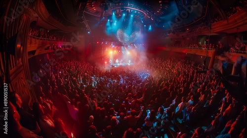 A fisheye view of a packed concert, with the stage and audience blending into an electrifying and immersive scene. photo