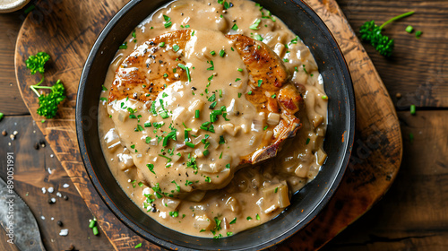 Top view creamy smothered pork chops cooked in onion gravy background