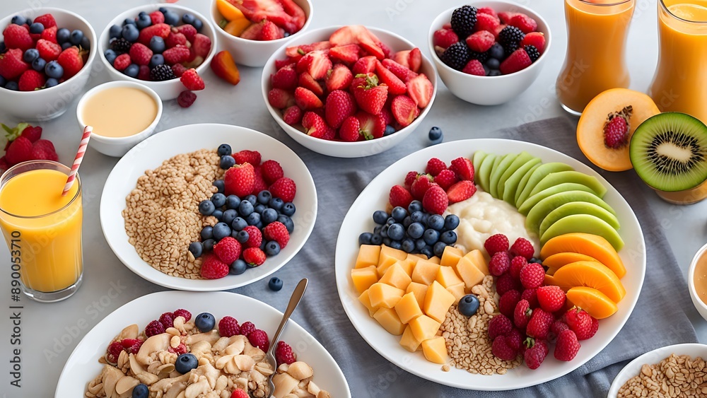 Healthy Breakfast Spread: A colorful and nutritious breakfast spread including fruits, smoothies, and whole grains. Healthy Breakfast Spread: A colorful and nutritious breakfast spread including fruits, smoothies, and whole grains.