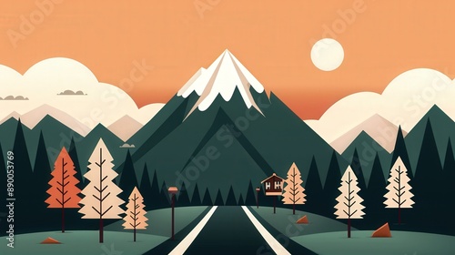 Illustrated landscape of a mountainous region with a road, trees, and a cabin under a warm sunset sky.