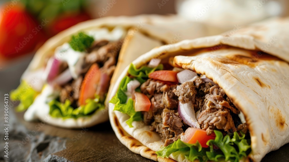 gyro wrap with sliced beef or lamb, tzatziki sauce, lettuce, tomato, and onion in a warm pita gyro wrap with sliced beef or lamb, tzatziki sauce, lettuce, tomato, and onion in a warm pita