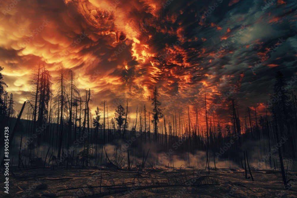 Aerial perspective on forest fires from afar, capturing the enormity of the disaster with billowing smoke and flames Aerial perspective on forest fires from afar, capturing the enormity of the disaster with billowing smoke and flames