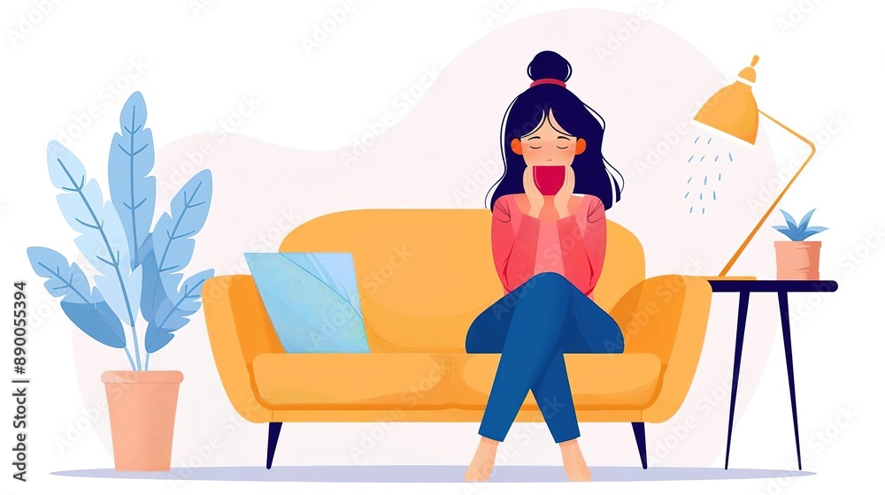 Obraz premium Woman relaxing on a couch with a cup of coffee, enjoying a cozy moment at home.
